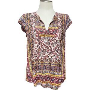 Lucky Brand Cap Sleeve Studded Floral Print Tunic Top Large